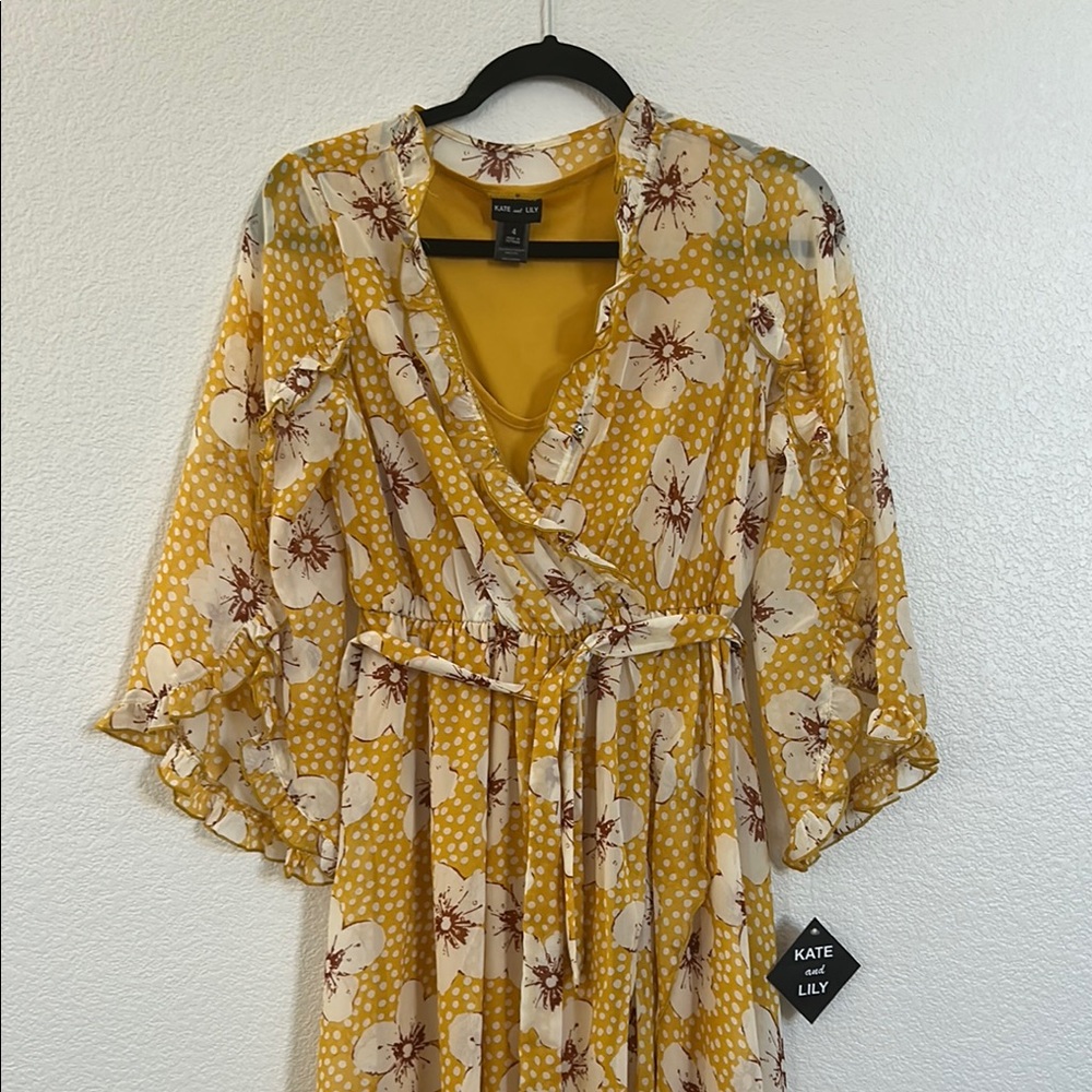 Floral Yellow Wrap Dress - Picture 3 of 6